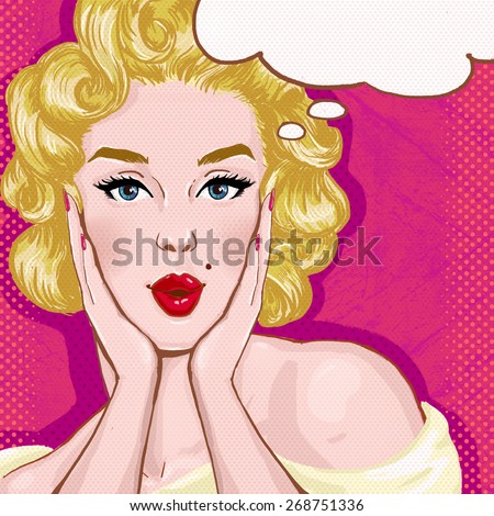 Pop Art illustration of blond girl with the speech bubble.Pop Art girl. Party invitation. Birthday greeting card.Hollywood movie star.Vintage advertising poster. Comic woman with speech bubble. Sexy