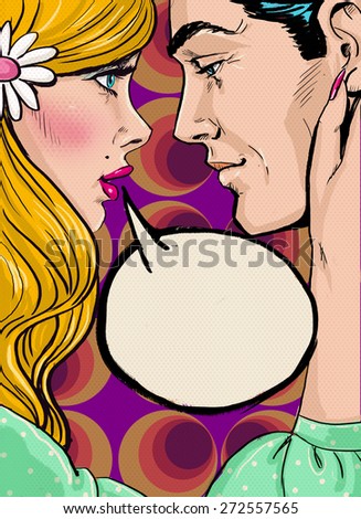 Pop Art couple conversation.Love couple.Pop Art love. Valentines day postcard. Hollywood movie scene.Real love.First kiss. Movie poster. Comic book love. Comic first kiss. I love you. Speech bubble.