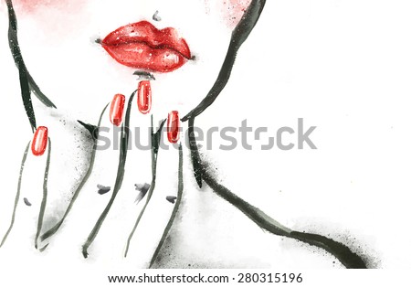 Woman portrait with hand .Abstract watercolor. Fashion illustration. Red lips and nails watercolor painting. Cosmetics advertisement. Lipstick and nail-varnish advertisement. Thinking woman close up.