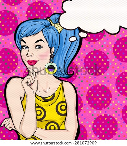 Pop Art illustration blue hair girl  with the speech bubble.Pop Art girl. Party invitation. Birthday greeting card.Vintage advertising poster. Comic woman with speech bubble. Sexy disco girl.