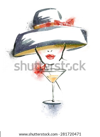 Woman portrait with hat and cocktail.Abstract watercolor .Fashion illustration.Red lips.Party invitation.Cocktail party.