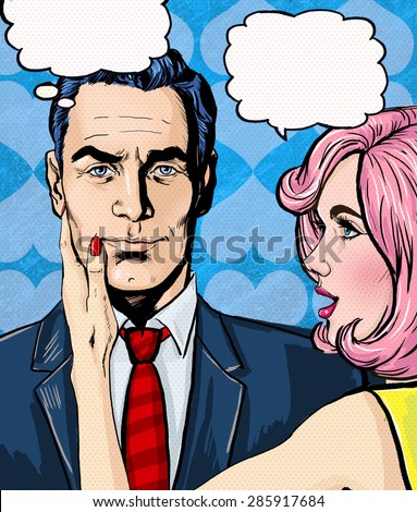 Pop Art couple conversation.Love couple.Pop Art love. Valentines day postcard. Hollywood movie scene.Real love.First kiss. Movie poster. Comic book love. Comic first kiss. I love you. Speech bubble.