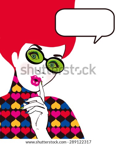 Pop Art illustration of woman with the speech bubble in glass.Pop Art girl. Party invitation. Birthday greeting card. Pop Art girl.Hollywood movie star.Vintage advertising poster.