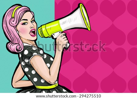 Pop art girl with megaphone. Woman with loudspeaker.Girl announcing discount or sale.Shopping time.Protest, meeting, feminism, woman rights, woman protest, girl power. Pop art background,Special offer