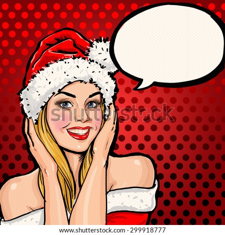 Girl in Santa hat with speech bubble on red background.Christmas Santa hat woman portrait .Smiling happy girl. Blond girl in Santa hat. Christmas party poster. New year party. Christmas postcard. Sexy