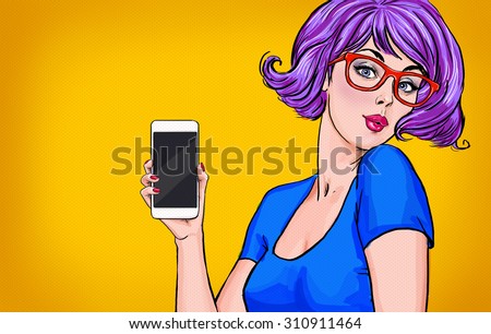 Girl with smart-phone in the hand in comic style. Girl with phone. Girl showing the mobile phone.Girl in glasses. Hipster girl making selfie.Sexy violet hair girl with cellphone. Digital advertisement