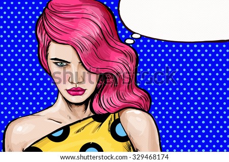 Pink head, angry girl, Pop Art style.Pop Art girl.Advertising poster. Comic woman. Sexy girl. Serious girl, Jealous woman. Jealous girl. Photo-model. Serious, angry look.Pop art background, sexy woman