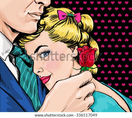 Pop Art couple. Love couple. Pop Art love. Valentines day postcard. Hollywood movie scene. Real love. First kiss. Movie poster. Comic book love. Rose flower. Woman and man. I love you. Miss you. Lover