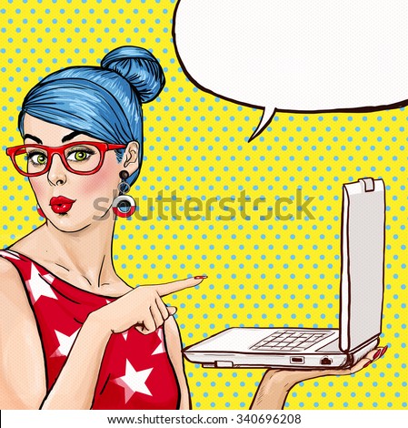 Girl with laptop in the hand in comic style. Woman with notebook.Laptop, gossip. Girl in glasses. Hipster girl. Sexy, blue hair girl. Digital advertisement. MacBook. Business. News, pop art background