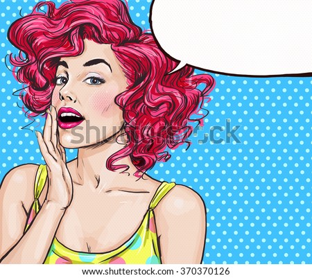 Attractive young sexy woman is announcing, telling a secret, shouting or yelling. Advertising poster. Comic woman. Gossip girl, red cheeks, beauty, curls, summer, beach party, strong woman, Hey, Wow