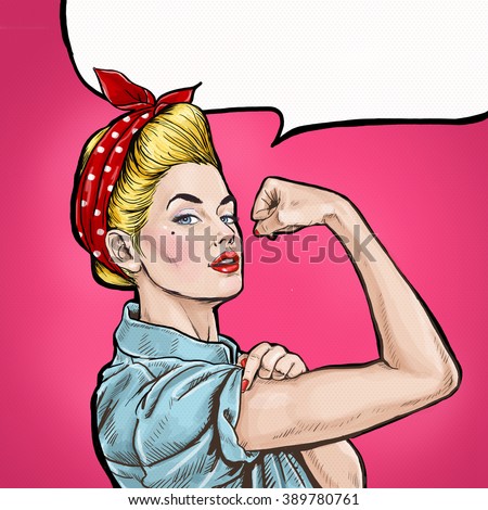 Pop art background. We Can Do It. Iconic woman\'s fist/symbol of female power and industry. Advertising.Pop art girl. Protest, meeting, feminism, woman rights, woman protest, girl power. yes we can