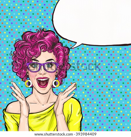 Surprised young sexy woman  in glasses  shouting or yelling. Advertising poster. Comic woman. Gossip girl, red cheeks, beauty, curls, sexy girl, pinup, shout, hipster, hey, wow, curls, announcing, yes
