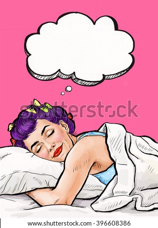 Beautiful girl sleeps in the bedroom.Pop Art girl. Advertising poster. Comic woman.Pop art background. dreamy, attractive, morning, lying in bed, resting woman, resting, cute, art, pop, face, thought,