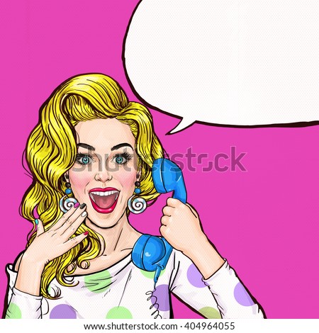 Surprised young sexy woman shouting/yelling on retro telephone.Advertising poster.Comic woman.Gossip girl, red cheeks, curls, sexy girl, shout, hipster, hey, wow,announcing, yes. Pop Art girl.Call me.