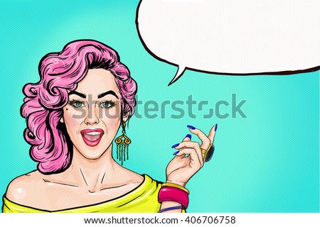 Pop Art girl with speech bubble. Party invitation. Birthday card. advising, movie star. Comic woman. Sexy girl. Sale, discount, amazed, wow, cute, lips, speak, face, wow, makeup, wonder, question, yes