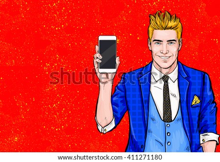 Man with smartphone in the hand in comic style.Man with phone. Man showing mobile phone.Digital advertisement. Iphone, cellphone, student, guy, handsome, flirt, connection, happy, winner,communication