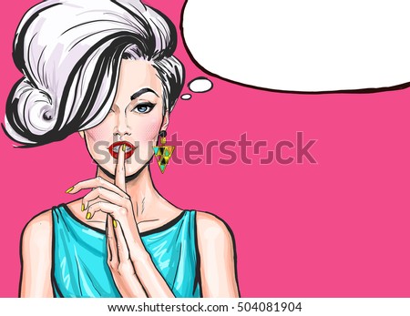 Pop Art illustration of girl with the speech bubble.Pop Art girl. sale, naive, blonde woman, blonde, blond, discount, cool, love, pop, retro, cute, advertising, poster, vintage, shopping, temptation