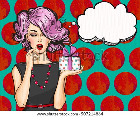 Girl with the gift in vintage style. Pop Art girl. Party invitation.Thinking woman. strip, face, cute, smile, cool, poster, lips, love, bubble, fashion, pin up, birthday, speak, invitation, retro, wow