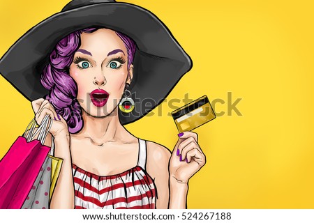 Pop art woman on shopping, success, invitation, model, love, bubble, party girl, valentines day, gossip girl, face, birthday, head, hat, cute, cool, purchase, poster, design, naive, pop, speak, kitsch