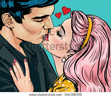 Pop Art Kissing Couple.Love Pop Art illustration of Kissing Couple.Pop Art love. Valentines day postcard. Hollywood movie scene.Real love.First kiss. Movie poster. Comic book love. Comic first kiss.