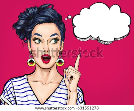 Surprised young sexy woman with open mouth. Pointing finger up. Comic woman. Amazed women. Pop Art girl. Beauty, vintage, retro, bubble, face, 1960s, comic, love, style, elegant, 1990s, wow, trendy