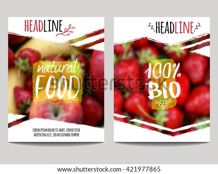 Vector brochure design template with blur background with fruits and strawberry. Healthy fresh food, vegetarian and eco concept. Can be used for presentation, web, flyer, magazine, cover, poster.
