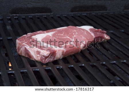 A large rib-eye cooks on the backyard grill.
