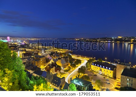 View from an observation point to Quebec City old town And St. Lawrence River, Canada at night
