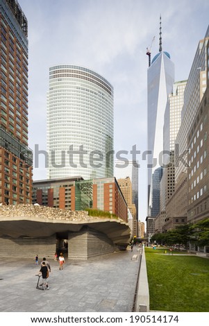 New York City - June 23: World Financial Center in New York with the One World Trade Center in the background on June 23, 2013