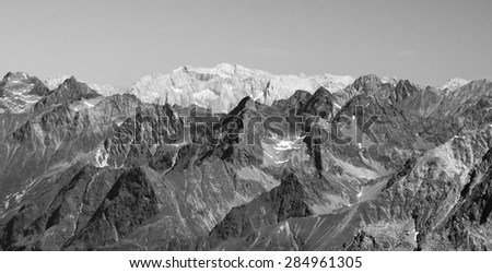 The Kalkalpen behind the Ã?tztal in the Austrian Alps in black and white