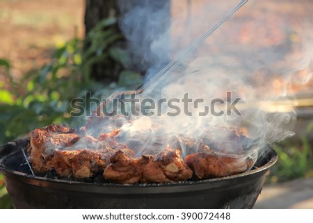 Meat on barbecue grill with smoke