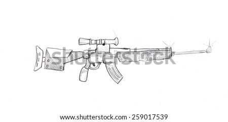 Black and white drawing of a machine gun against a white background