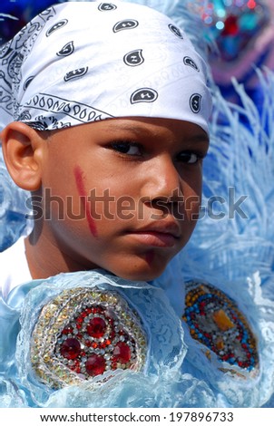 March 28, 2010 - New Orleans, Louisiana: A Mardi Gras Indian displays his costume at the annual 