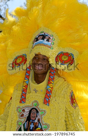 March 28, 2010 - New Orleans, Louisiana: A Mardi Gras Indian displays his costume at the annual \