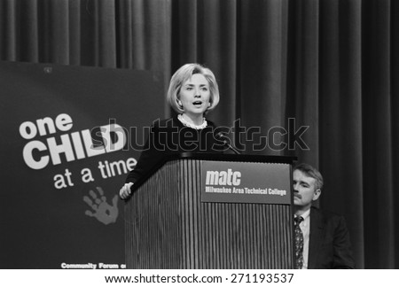 Milwaukee, Wisconsin - April 27, 1998: First Lady, Hillary Clinton, speaks about childcare reform at Milwaukee Area Technical College.