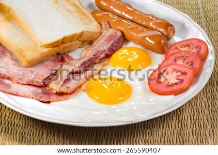 Delicious, american breakfast,   bacon, fried egg  and ham