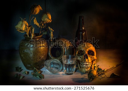 Skull with rice whiskey and sere flower, Still Life Style
