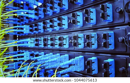 Close up fiber optic in server room , network cables installed in the rack