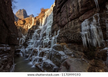Frozen Waterfall of Ice in Yuntai Mountain. Xiuwu County, Jiaozuo, Henan Province China. Frozen Water, icicles, Yuntai UNESCO Global Geopark, Yuntaishan. National Parks of China, Cold River Water