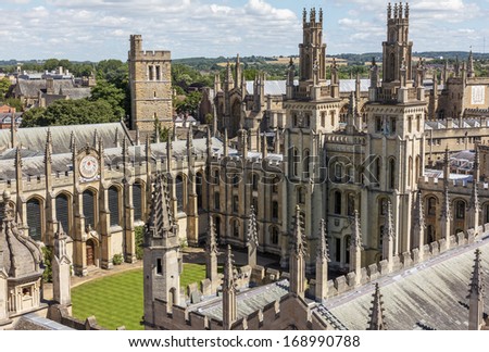 Oxford, England - July 11, 2010: A bird view of All Soul\'s college in Oxford, England on a sunny day on July 11, 2010. All Soul\'s College is one of the most beautiful colleges in Oxford.
