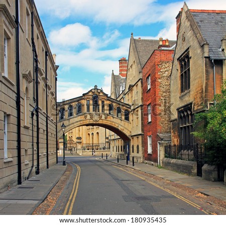 Oxford, England - July 11, 2010: The characteristic Bridge of Sighs and surrounding houses on July 11, 2010. Bridge of sighs in one of the most famous landmarks in Oxford.
