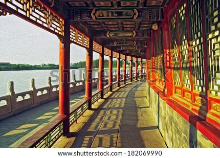 filtered, stylized to resemble an oil painting photo of ornamental, beautifully painted passage in Beihai Park, Beijing, China.
