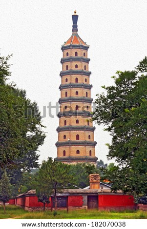 Photo of a gigantic chinese pagoda stylized and filtered to look like an oil painting. Photo depicts the famous White Pagoda in  Summer Palace complex in Chengde, north of Beijing.