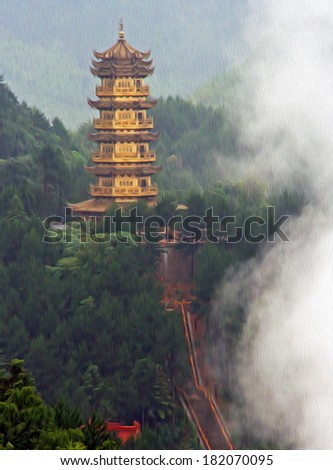 generic photo of golden chinese pagoda surrounded by approaching mist stylized and filtered to look like an oil painting. Location - Jiuhua Shan, Anhui province.