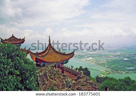 Photo of traditional chinese architecture with large vistas of space below  in background,  stylized and filtered to look like an oil painting. Location: Dragon Gate, Kunming, Yunnan Province, China
