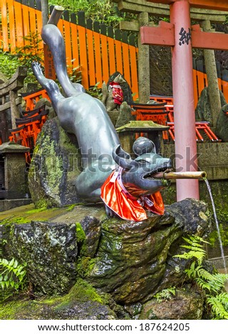 Kyoto, Japan - June 22, 2010: Statue of Japanese magical fox, kitsune, with a pipe with running water in its mouth at the famous Fushimi Inari Shrine on June 22, 2010.