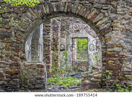 Fragment of old ruins built with stone bricks and overgrown with plants, with a decorative gate with an arc giving view to the remnants of several rooms