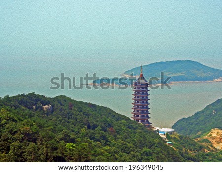 Photo of a gigantic chinese pagoda with sea and island in background, stylized and filtered to look like an oil painting. Location: the island of Putuo Shan.