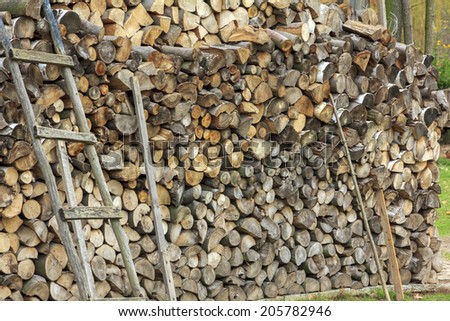 Logs of wood of different shapes, sizes and kinds piled together