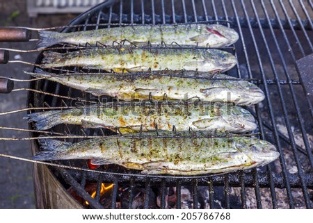 five trout fish grilled on a barbecue in an open door restaurant